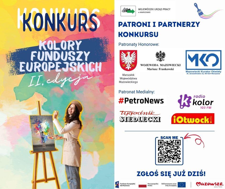 Plakat konkurs Kolory Funduszy Europejskich 2 edycja. Po lewej stronie dziewczynka z farbami przed sztalugą, po prawej stronie informacja o patronach i partnerach konkursu.